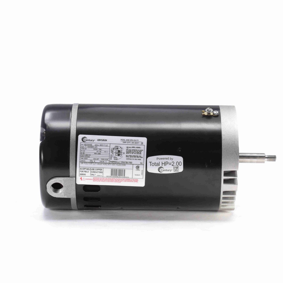 Century Pool Pump Motor, 2.0 HP, 1 Ph, 60 Hz, 230/115 V, 3600 RPM, Y56J Frame, DP - B230SE