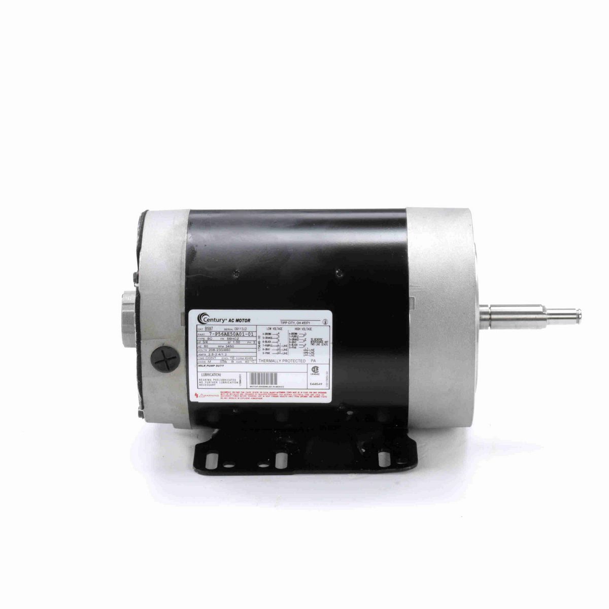 Century General Purpose Farm Duty Motor, 3/4 HP, 3 Ph, 60 Hz, 208-230/460 V, 3600 RPM, 56HCZ Frame, TENV - B597