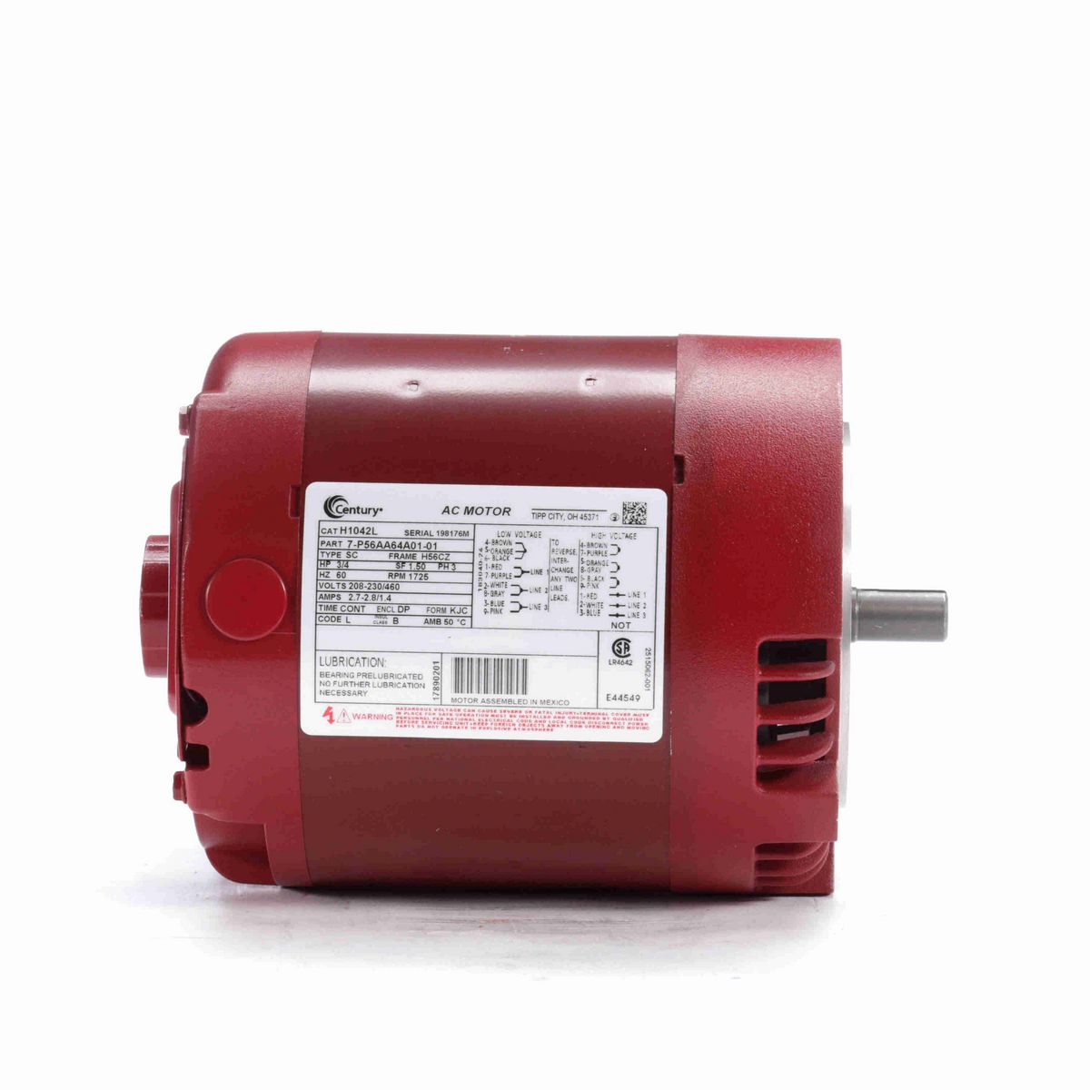 Century Circulator Pump Motor, 3/4 HP, 3 Ph, 60 Hz, 208-230/460 V, 1800 RPM, H56CZ Frame, DP - H1042L