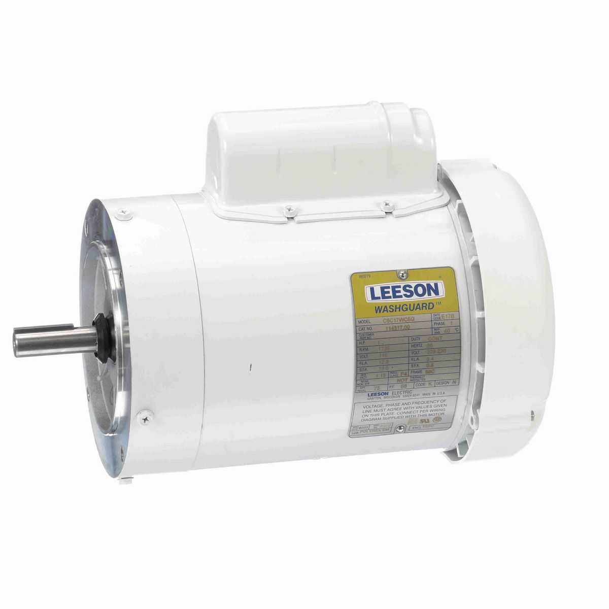 LEESON White Duck™ General Purpose Motor, 1 HP, 1 Ph, 60 Hz, 115/230 V, 1800 RPM, 56C Frame, TEFC - 114317.00