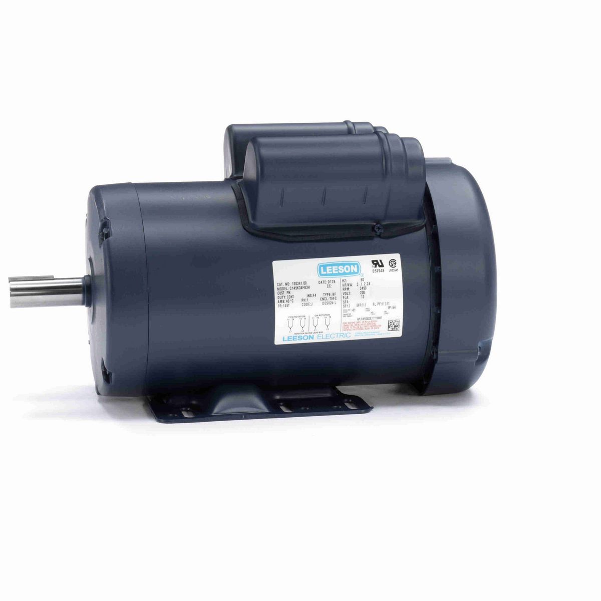 LEESON General Purpose Motor, 3 HP, 1 Ph, 60 Hz, 230 V, 3600 RPM, 145T Frame, TEFC - 120341.00