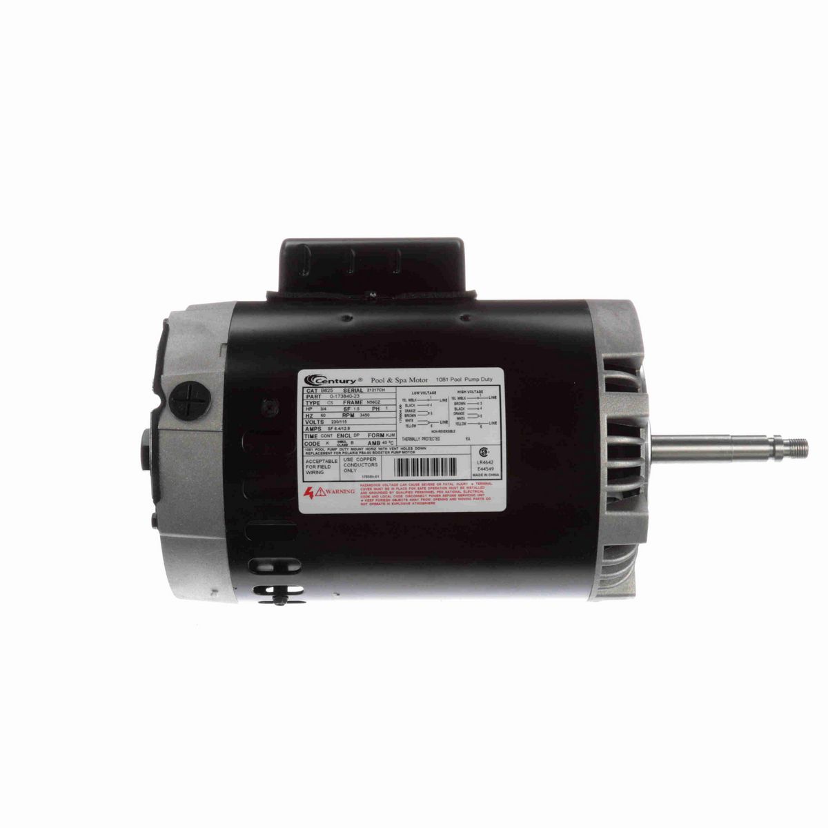Century Pool Pump Motor, 3/4 HP, 1 Ph, 60 Hz, 230/115 V, 3600 RPM, N56CZ Frame, DP - B625