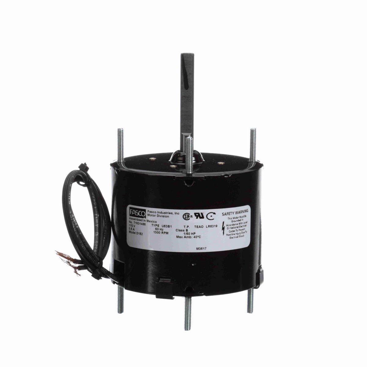 FASCO Fan and Blower Motor, 1/60 HP, 1 Ph, 60 Hz, 115 V, 1500 RPM, 1 Speed, 3.3" Diameter, TEAO - D182