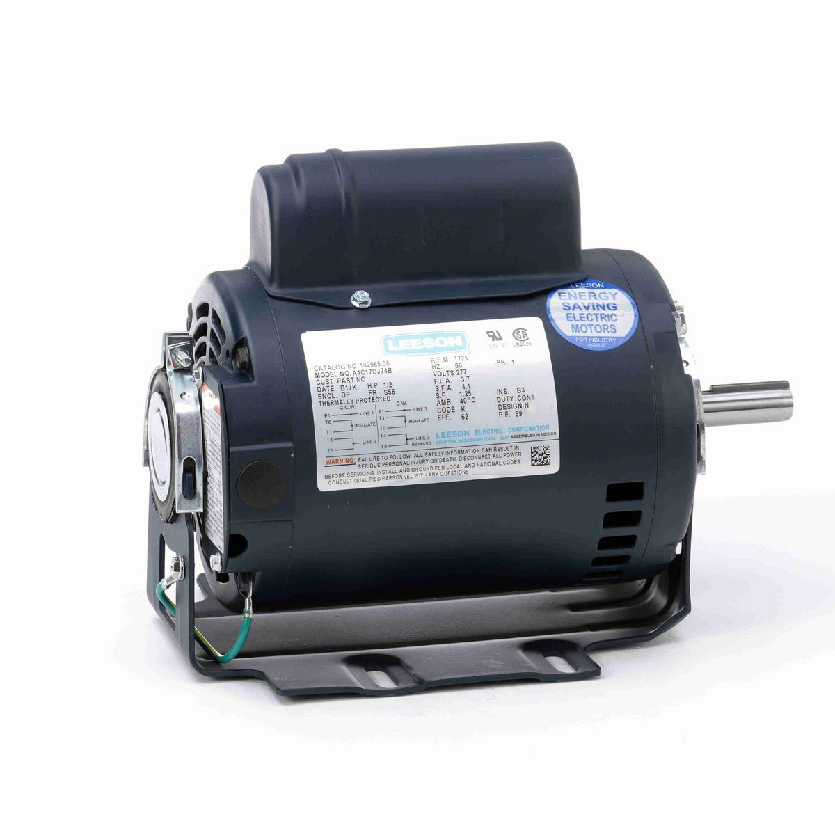 LEESON Fan and Blower Motor, 0.50 HP, 1 Ph, 60 Hz, 277 V, 1800 RPM, S56 Frame, DP - 102965.00