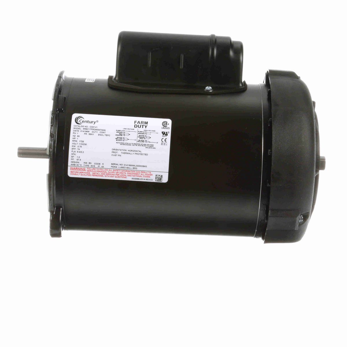 Century Auger Drive Motor, 0.5 HP, 1 Ph, 60 Hz, 115/230 V, 1800 RPM, 56NY Frame, TEFC - C331V1