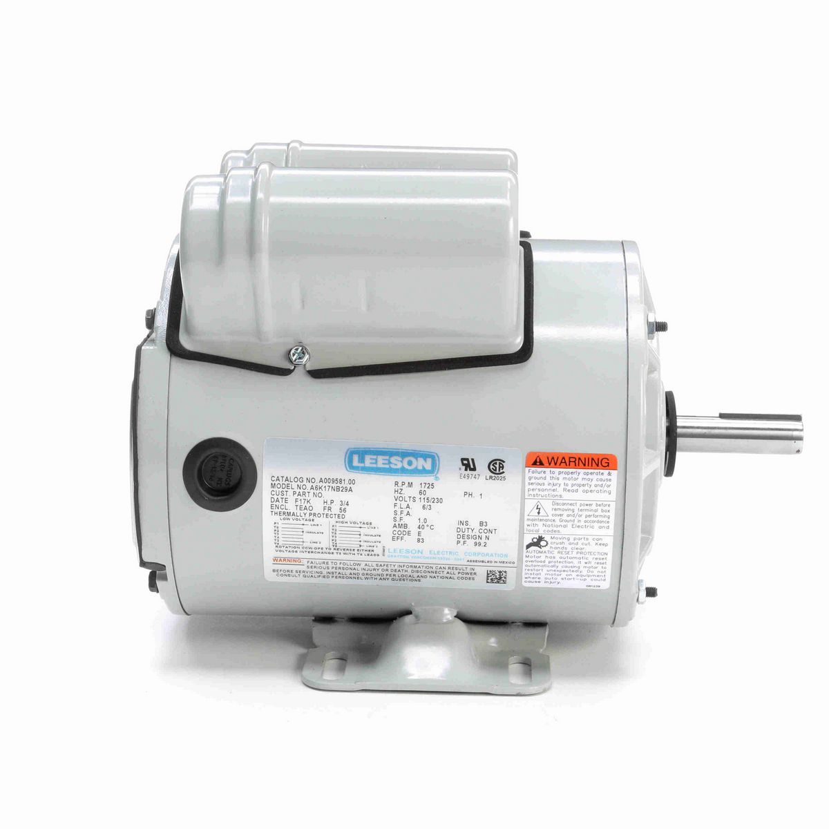 LEESON Agricultural Motor, 0.75 HP, 1 Ph, 60 Hz, 115/230 V, 1800 RPM, 56 Frame, TEAO - A009581.00
