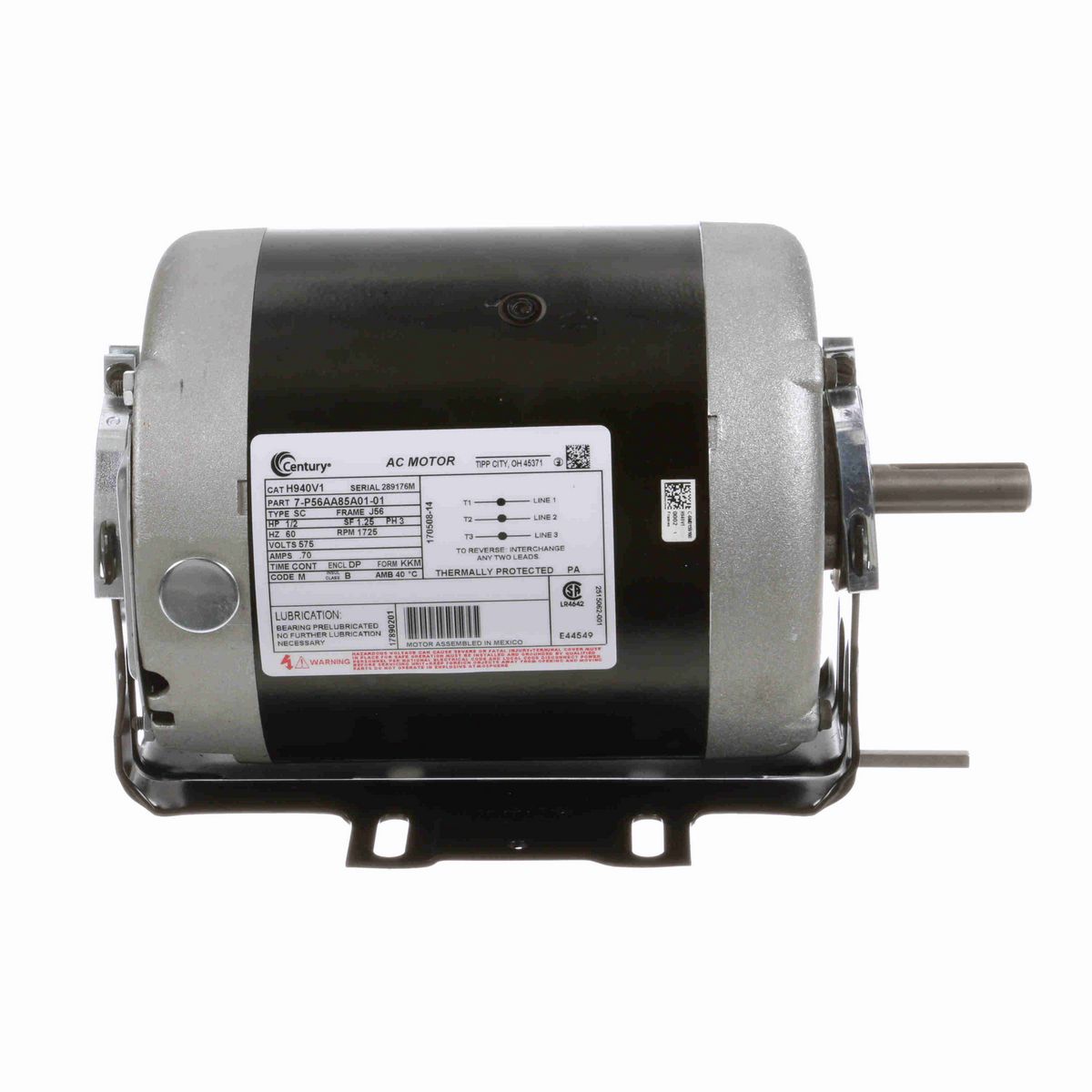 Century General Purpose Motor, 1/2 HP, 3 Ph, 60 Hz, 575 V, 1800 RPM, J56 Frame, DP - H940V1