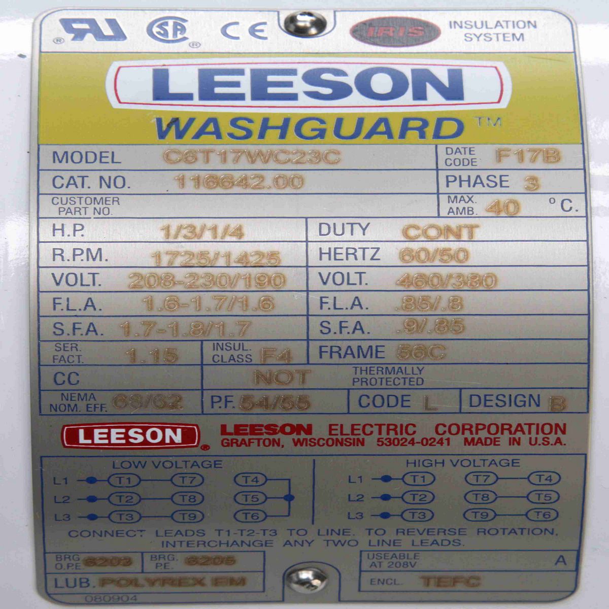 LEESON White Duck™ General Purpose Motor, 0.33 & 0.25 HP, 3 Ph, 60 & 50 Hz, 230/460 & 190/380 V, 1800 & 1500 RPM, 56C Frame, TEFC - 116642.00