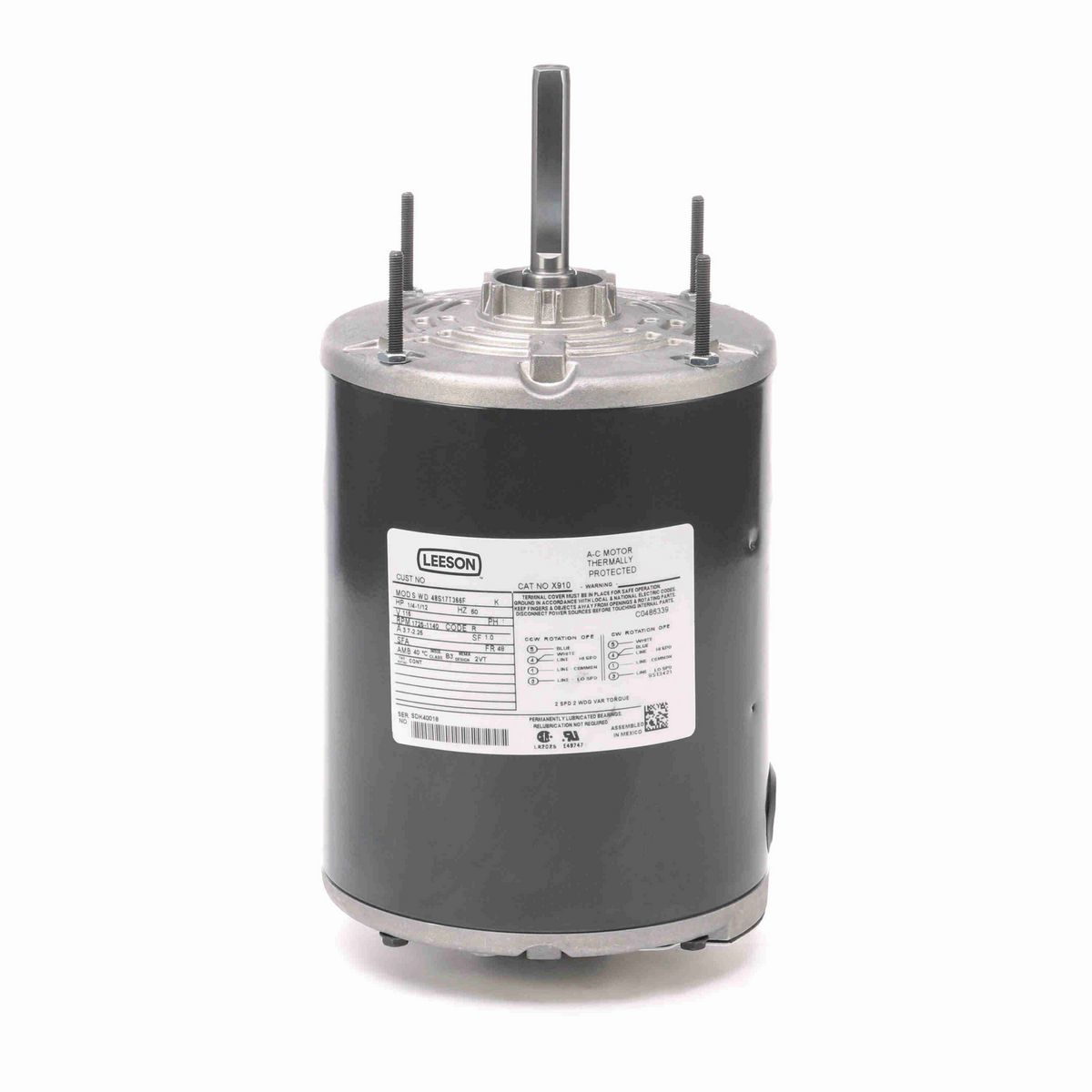 LEESON General Purpose Farm Duty Motor, 0.25 & 0.08 HP, 1 Ph, 60 Hz, 115 & 115 V, 1800 & 1800 RPM, 48 Frame, TEAO - X910