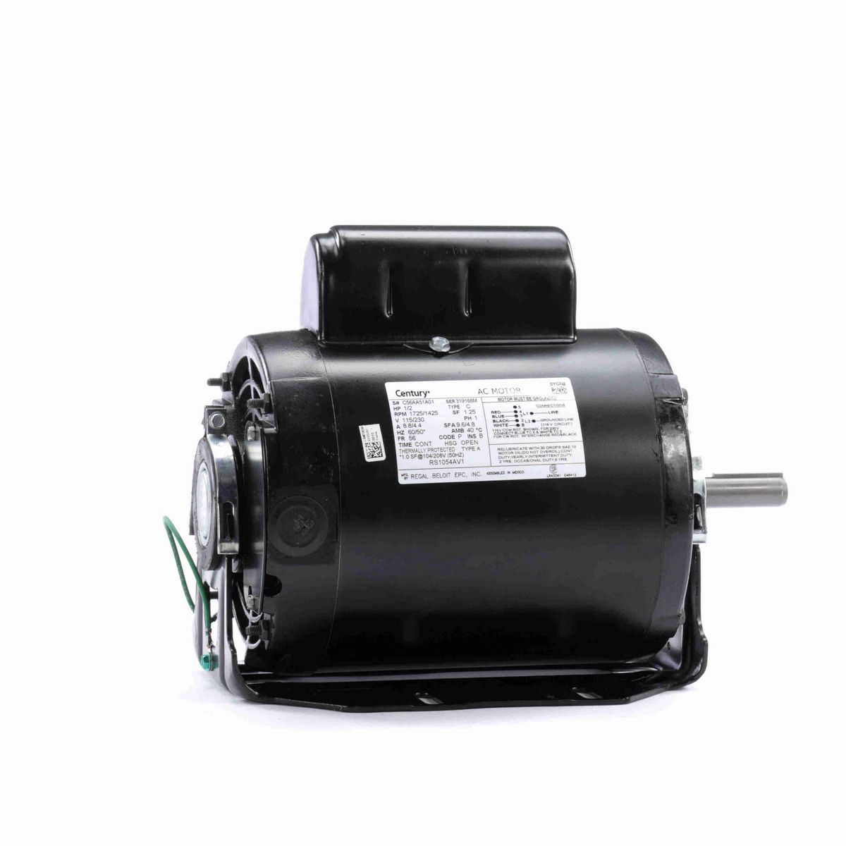 Century Fan and Blower Motor, 1/2 HP, 1 Ph, 60/50* Hz, 115/230 V, 1800 RPM, 56 Frame, OPEN - RS1054AV1