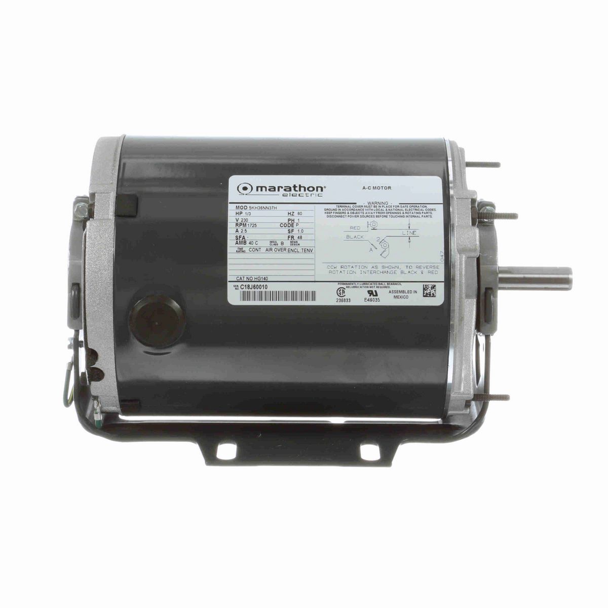 LEESON General Purpose Farm Duty Motor, 0.33 HP, 1 Ph, 60 Hz, 230 V, 1800 RPM, 48 Frame, TENV - HG140