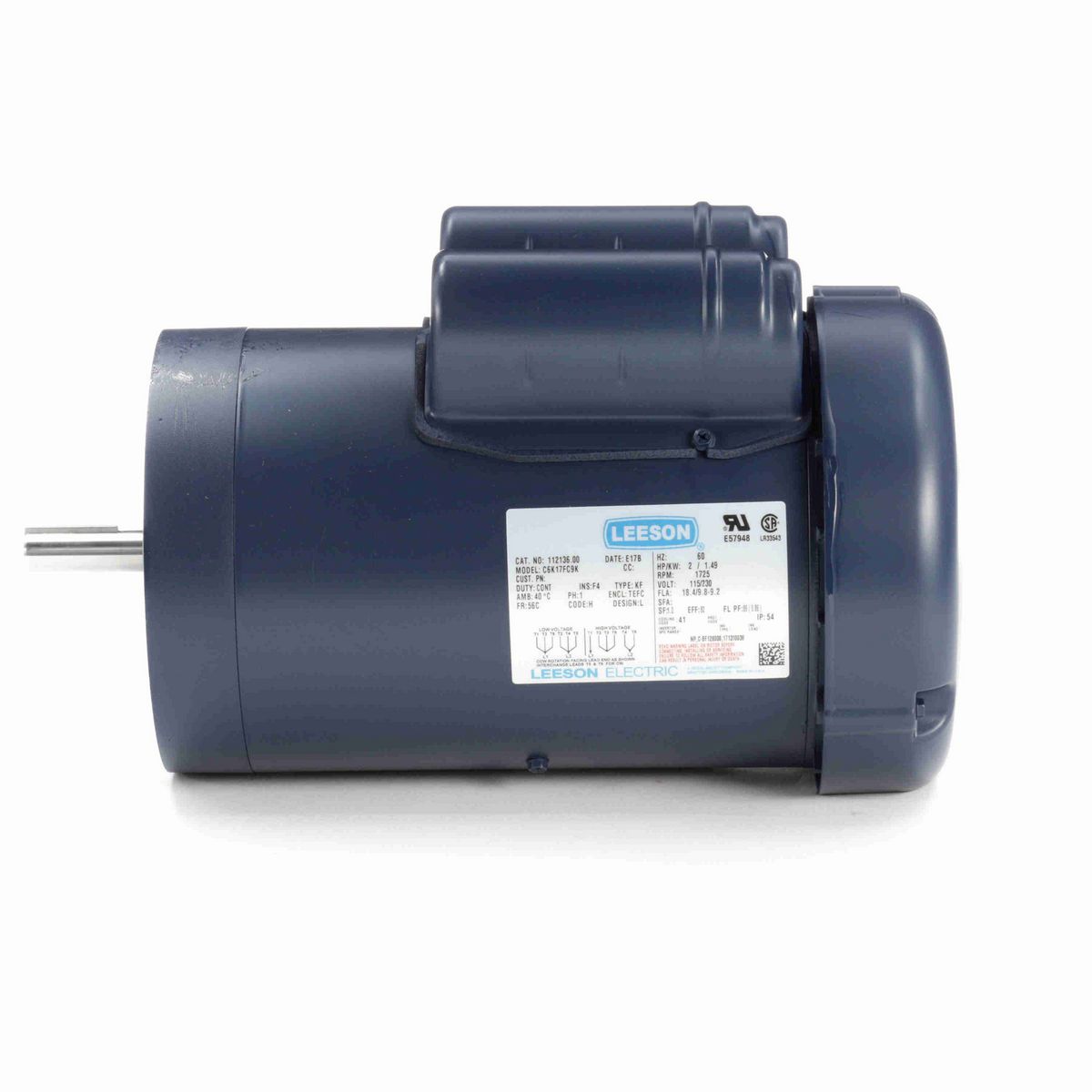 LEESON General Purpose Motor, 2 HP, 1 Ph, 60 Hz, 115/230 V, 1800 RPM, 56C Frame, TEFC - 112136.00