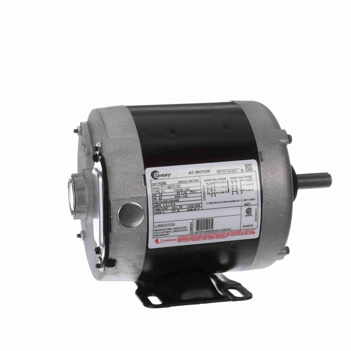 Century General Purpose Motor, 1/4 HP, 3 Ph, 60 Hz, 200-230/460 V, 1200 RPM, H56 Frame, TENV - H205