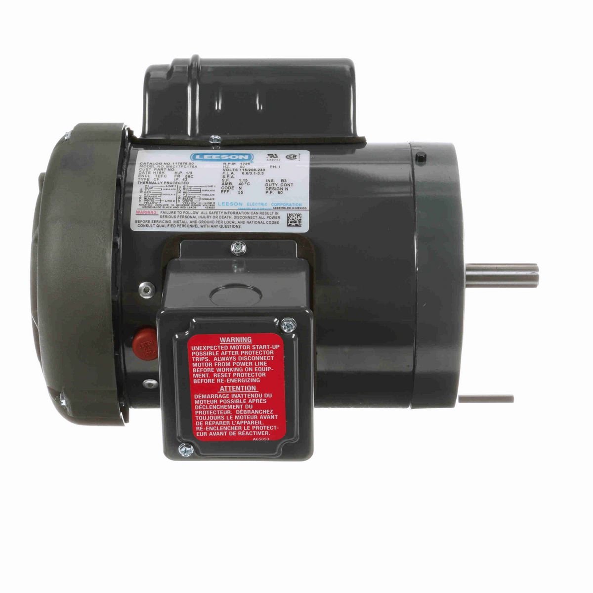 LEESON Agricultural Motor, 0.33 HP, 1 Ph, 60 Hz, 115/208-230 V, 1800 RPM, 56C Frame, TEFC - 117878.00