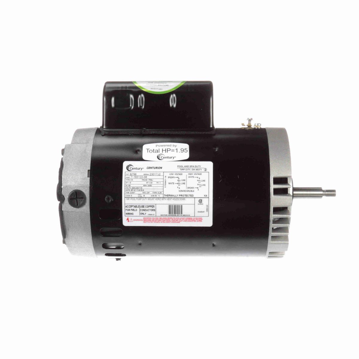 Century Pool Pump Motor, 1.5 HP, 1 Ph, 60 Hz, 208-230/115 V, 3600 RPM, P56J Frame, DP - B796