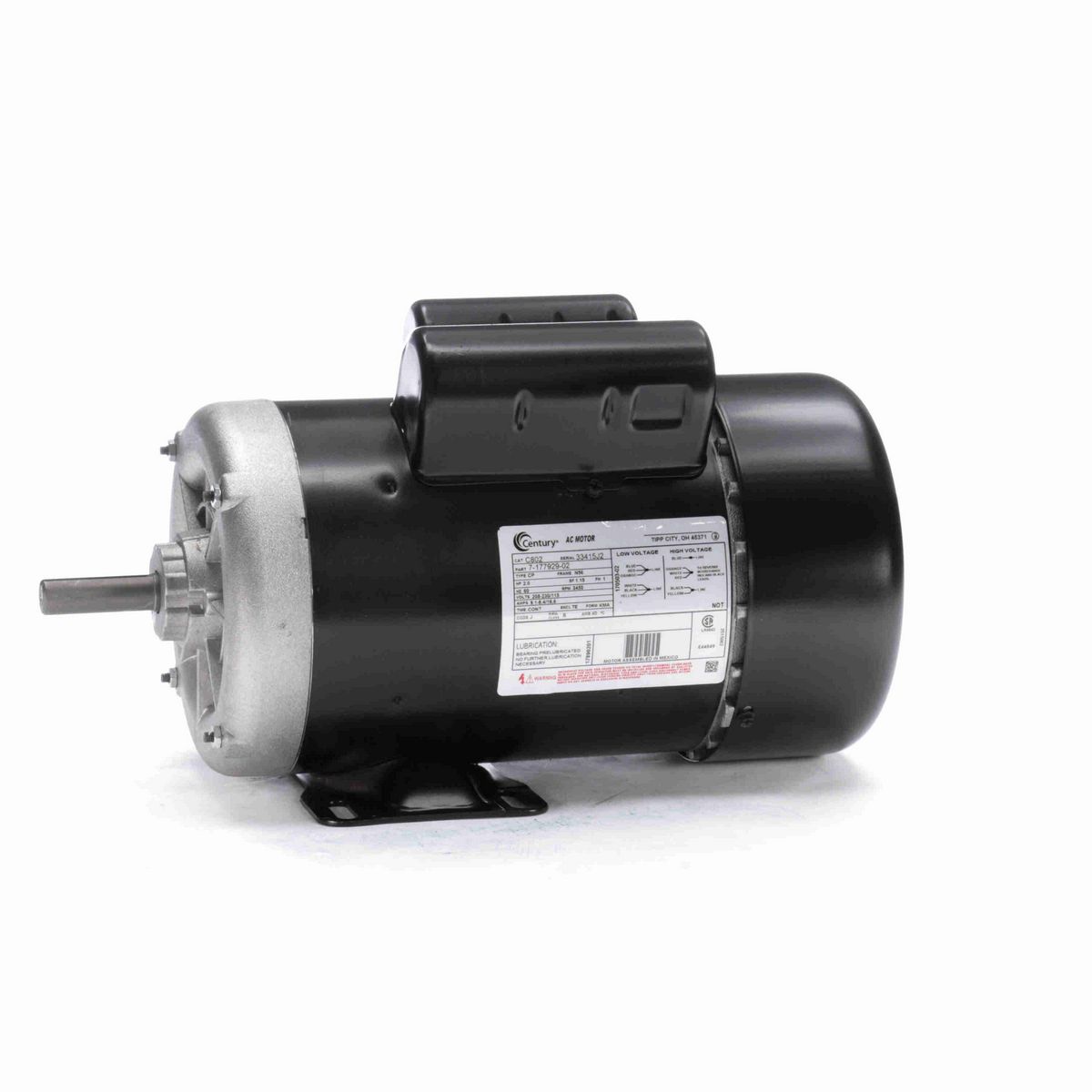 Century General Purpose Farm Duty Motor, 2.0 HP, 1 Ph, 60 Hz, 208-230/115 V, 3600 RPM, N56 Frame, TEFC - C802