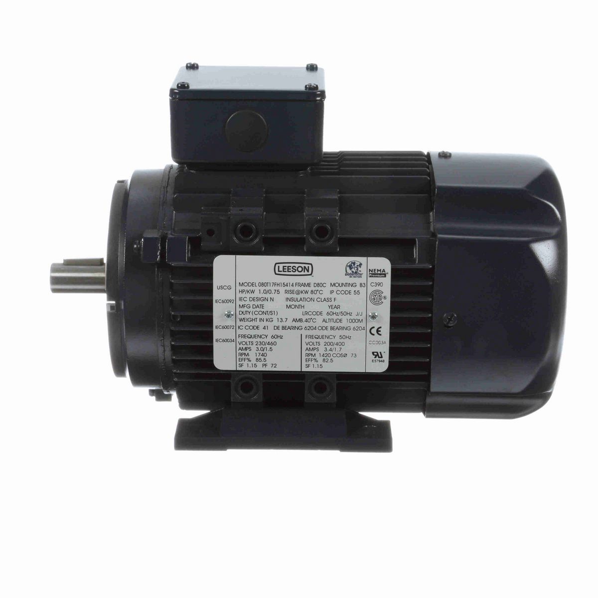 LEESON Aluminium Motor, 1 & 1 HP, 3 Ph, 60 & 50 Hz, 230/460 & 200/400 V, 1800 & 1500 RPM, 80C Frame, TEFC - R373A