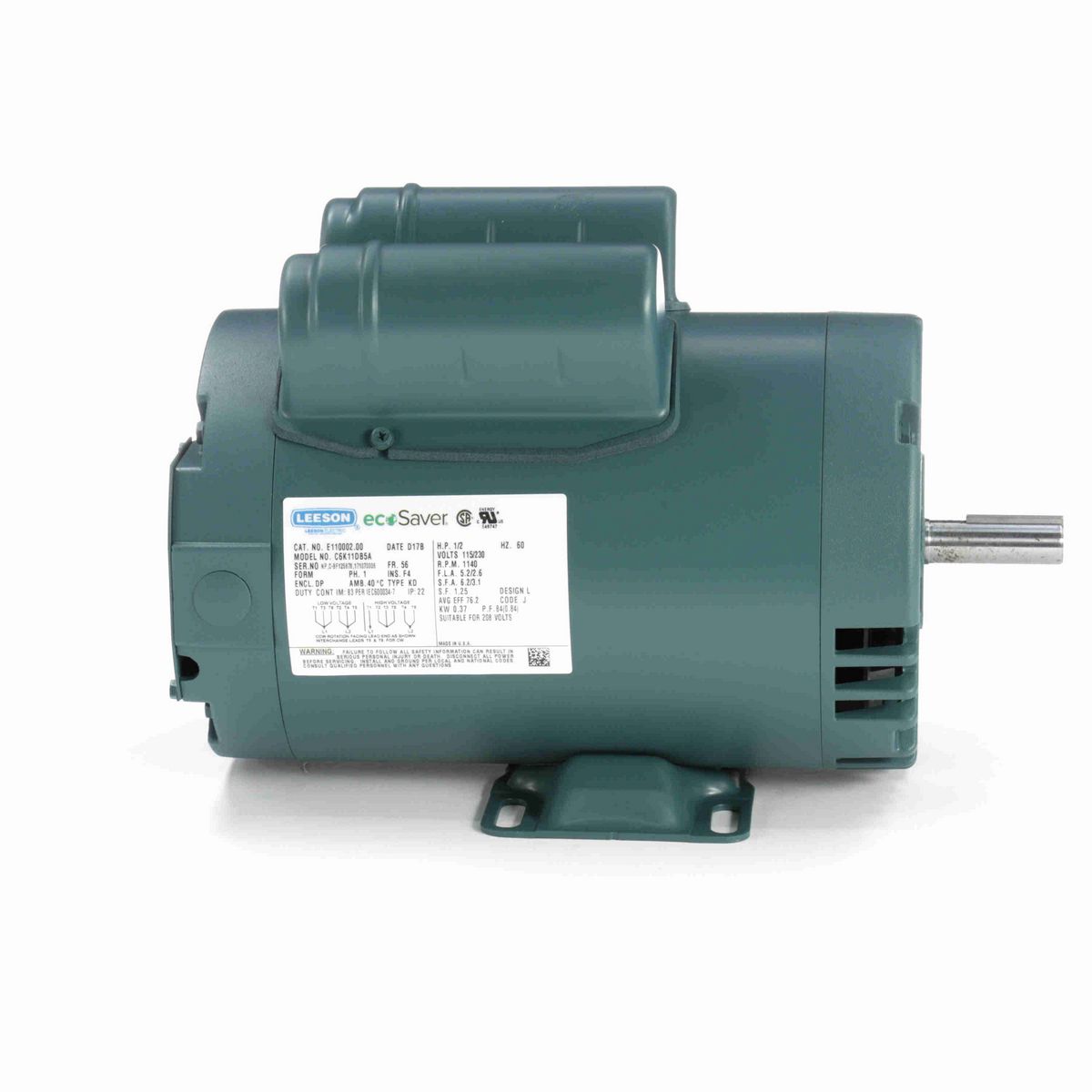 LEESON ecoSaver™ General Purpose Motor, 0.50 HP, 1 Ph, 60 Hz, 115/230 V, 1200 RPM, 56 Frame, DP - E110002.00