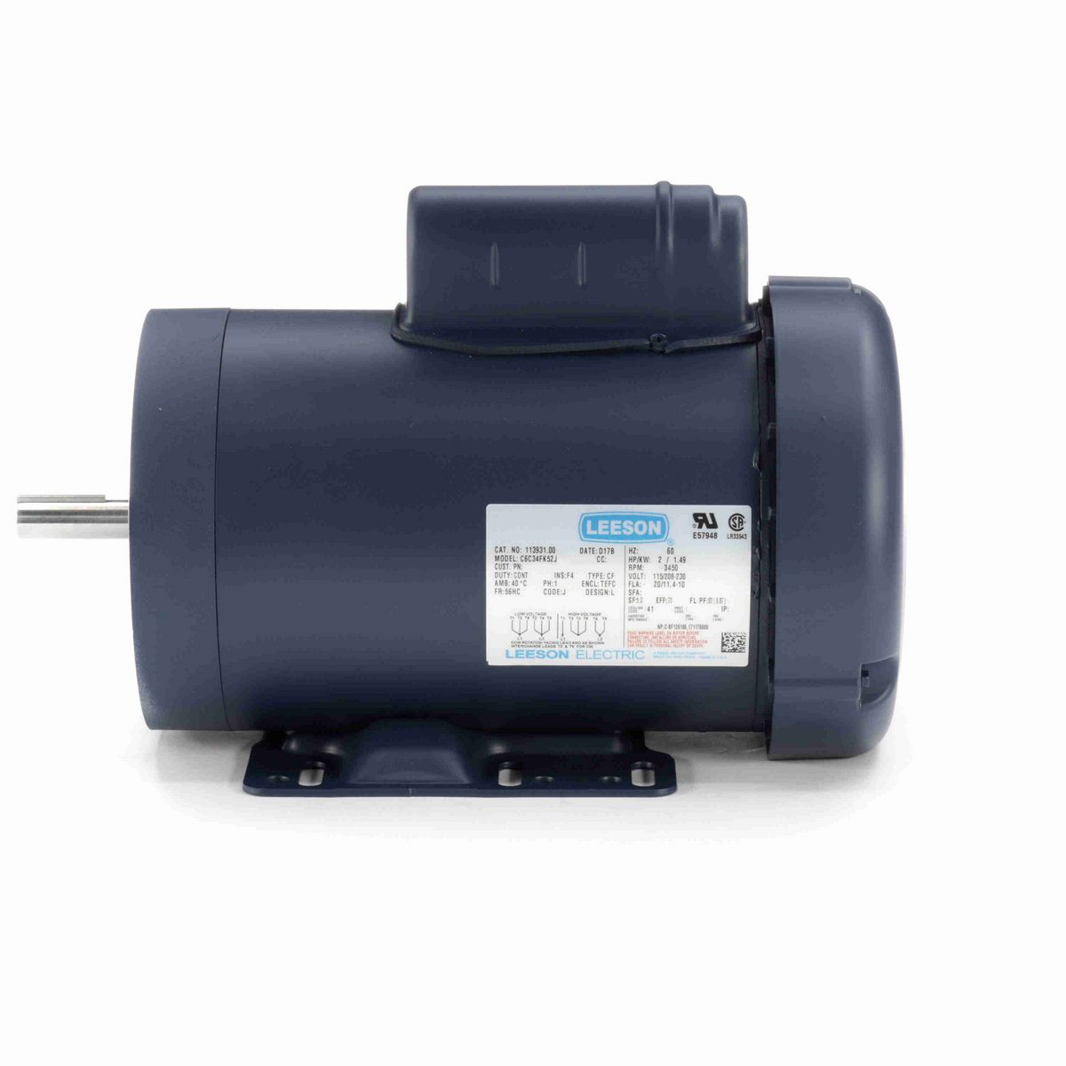 LEESON General Purpose Motor, 2 HP, 1 Ph, 60 Hz, 115/230 V, 3600 RPM, 56HC Frame, TEFC - 113931.00