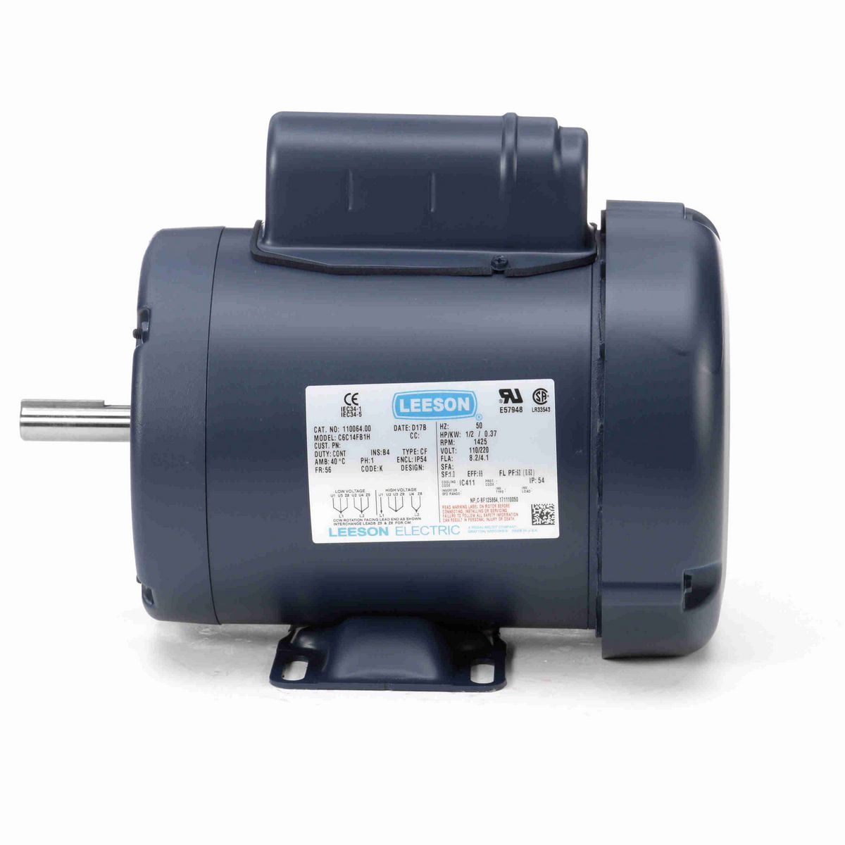 LEESON Special Voltage Motor, 0.50 HP, 1 Ph, 50 Hz, 110/220 V, 1500 RPM, 56 Frame, TEFC - 110064.00