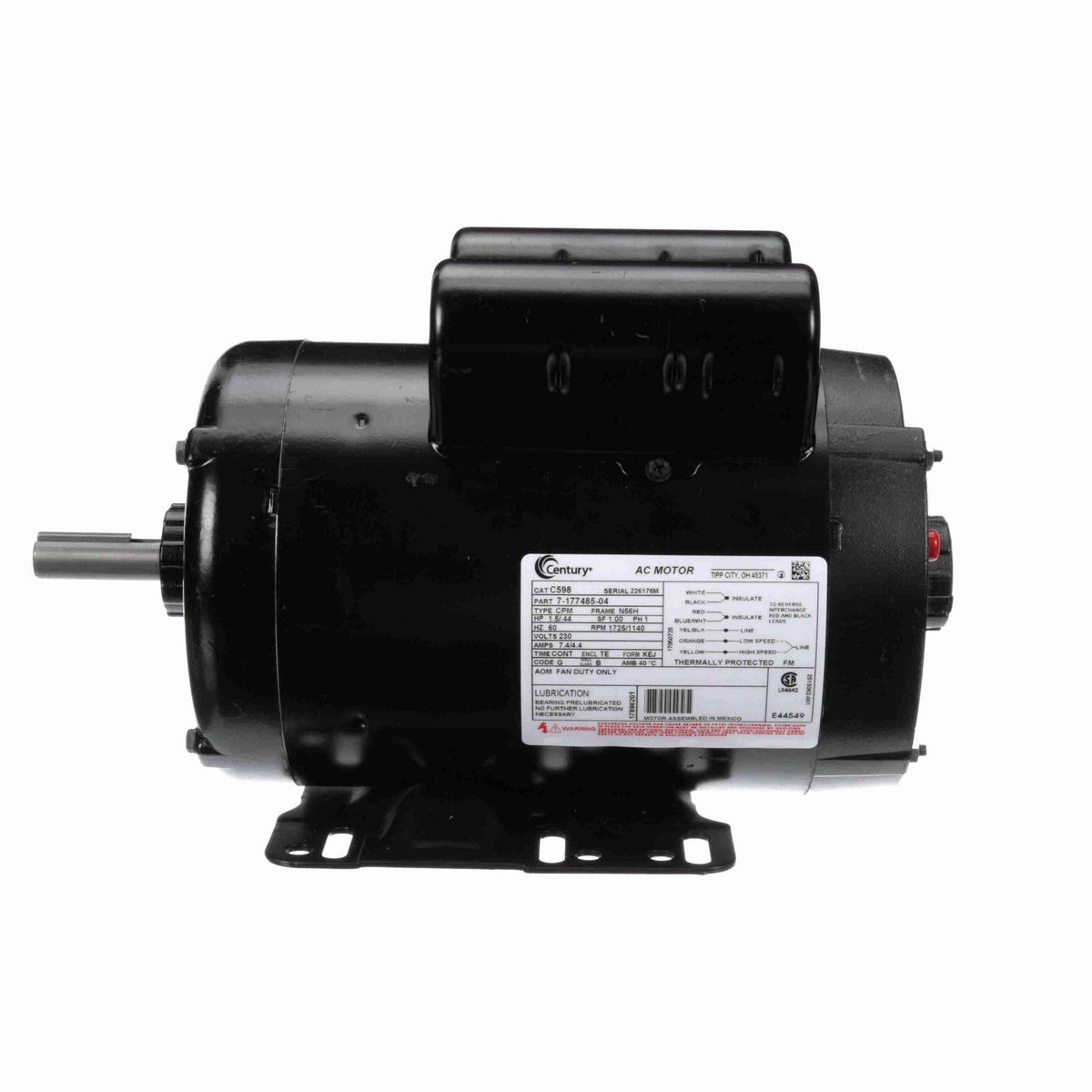 Century General Purpose Farm Duty Motor, 1.5/.44 HP, 1 Ph, 60 Hz, 230 V, 1800 RPM, N56H Frame, TEAO - C598