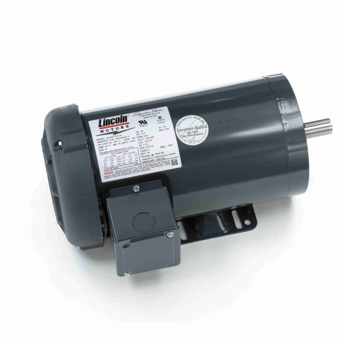 LEESON General Purpose Motor, 0.75 HP, 3 Ph, 60 Hz, 230/460 V, 900 RPM, 145TC Frame, TEFC - LM24265