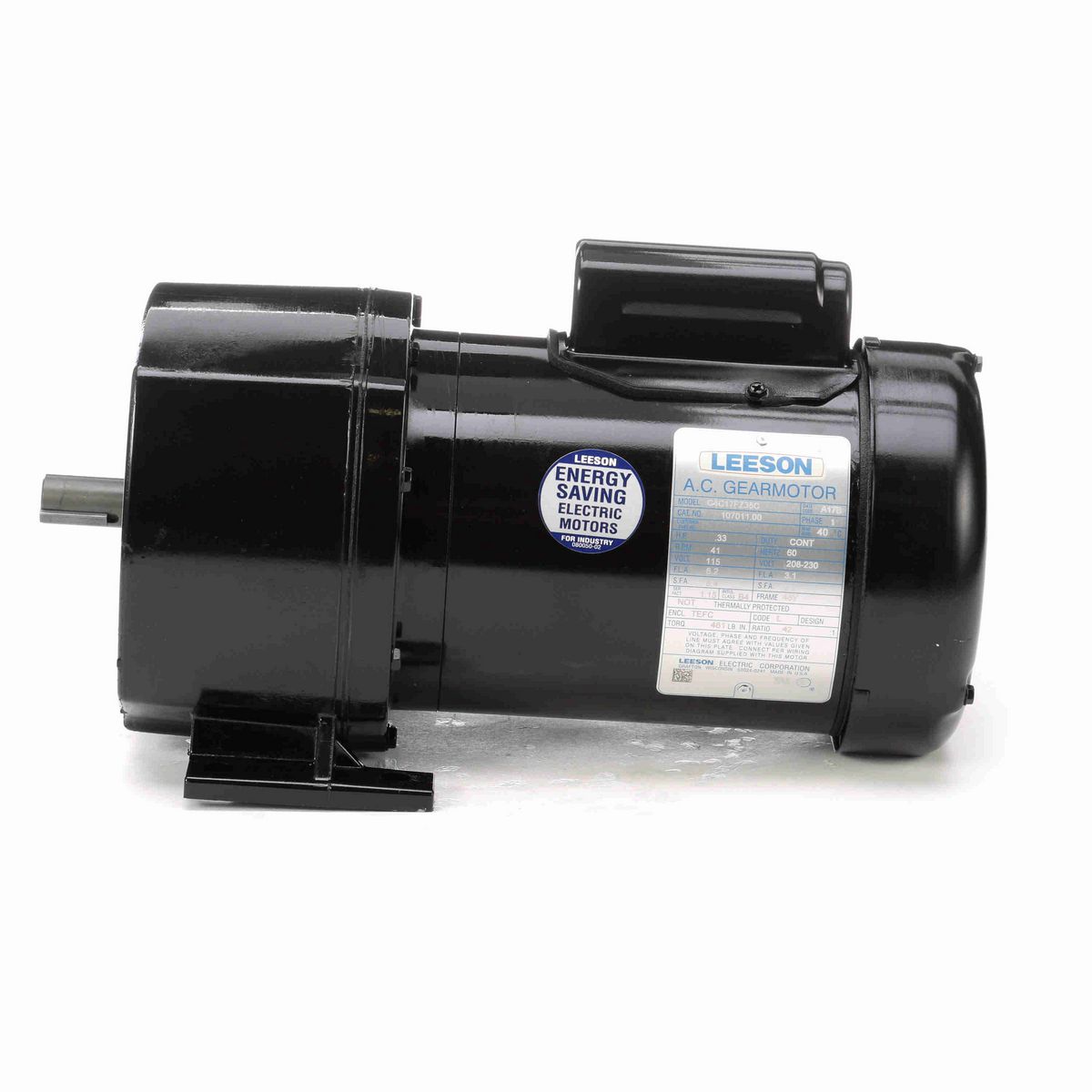 LEESON Parallel Shaft Gearmotor, 0.33 HP, 1 Ph, 60 Hz, 115/208-230 V, 41 RPM, 48Y Frame, TEFC - 107011.00