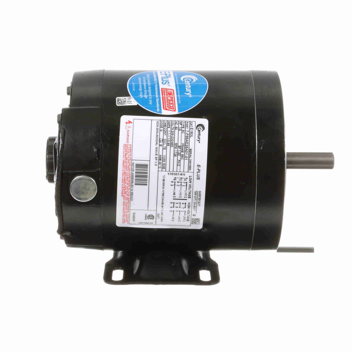 Century E-PLUS ® Speed Ratio Motor, 1/4 HP, 3 Ph, 60 Hz, 208-230/460 V, 1800 RPM, 56C Frame, TENV - E183L