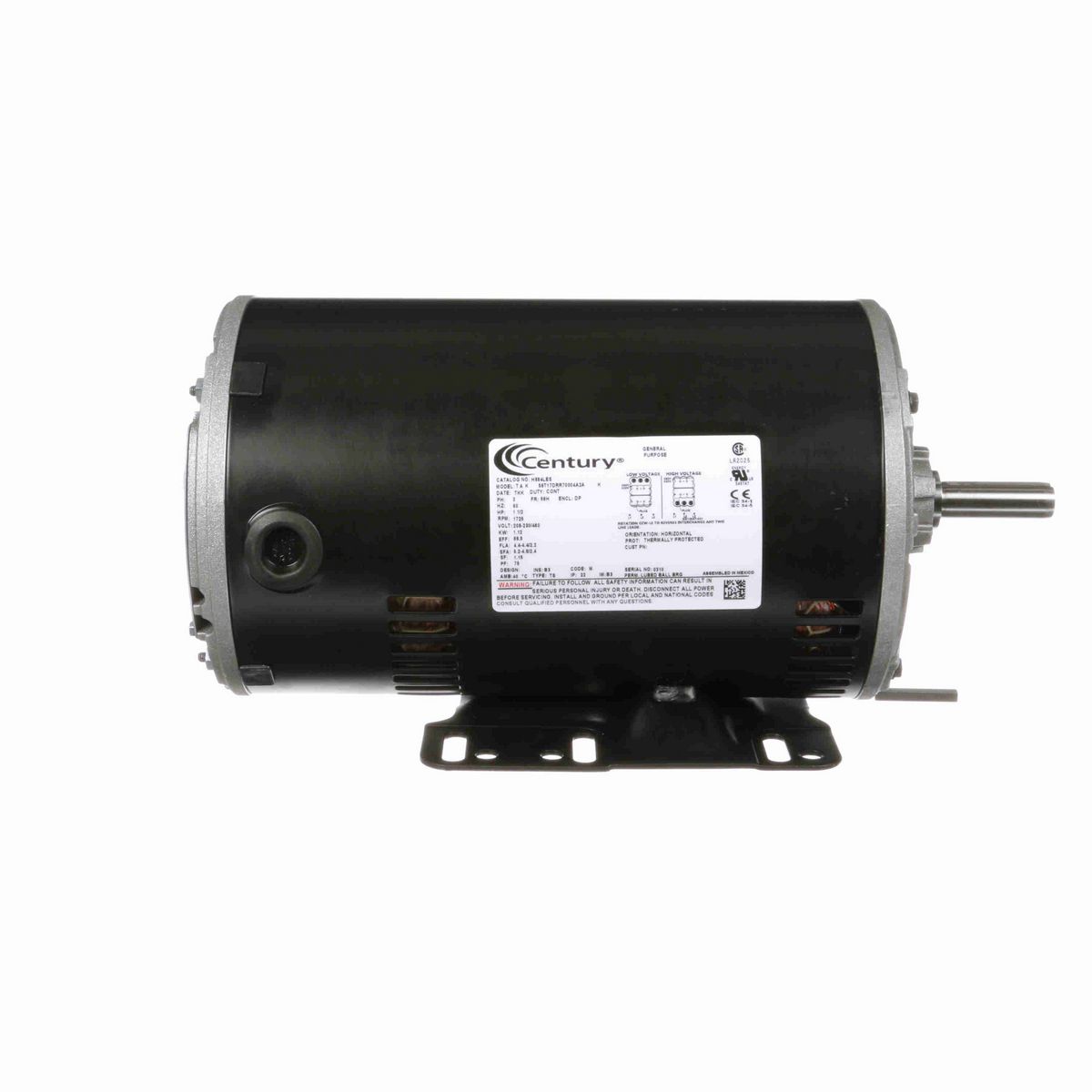 Century General Purpose Motor, 1 1/2 HP, 3 Ph, 60 Hz, 208-230/460 V, 1800 RPM, 56H Frame, DP - H884LES
