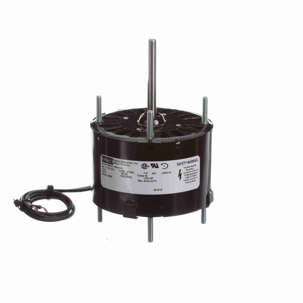 FASCO Fan and Blower Motor, 1/50 HP, 1 Ph, 60 Hz, 115 V, 1500 RPM, 1 Speed, 3.3" Diameter, OAO - D609