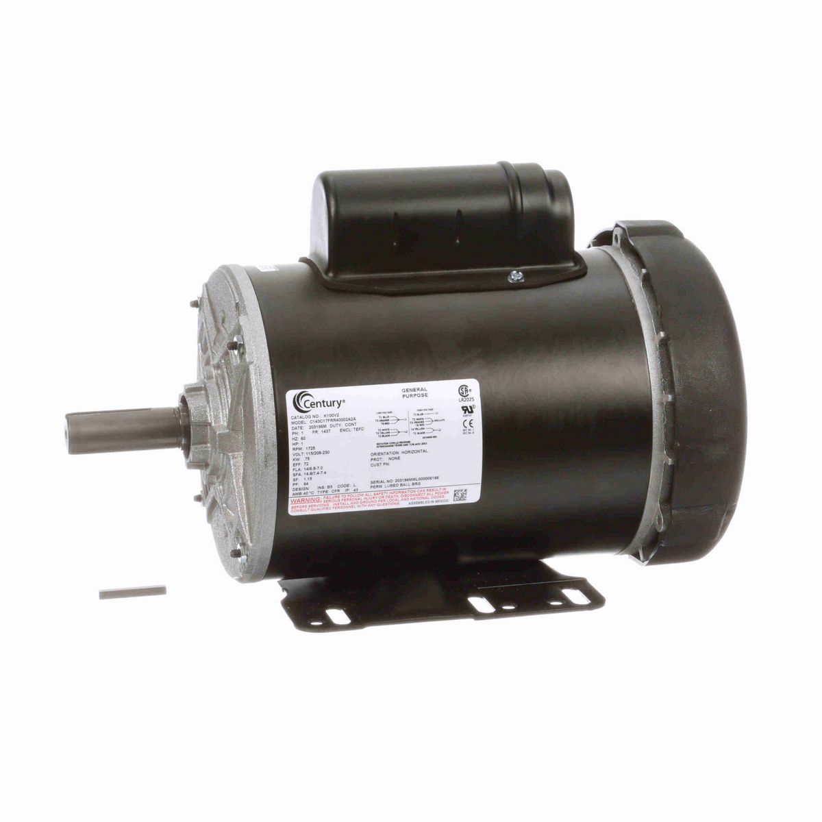 Century General Purpose Farm Duty Motor, 1 HP, 1 Ph, 60 Hz, 115/208-230 V, 1800 RPM, 143T Frame, TEFC - K100V2