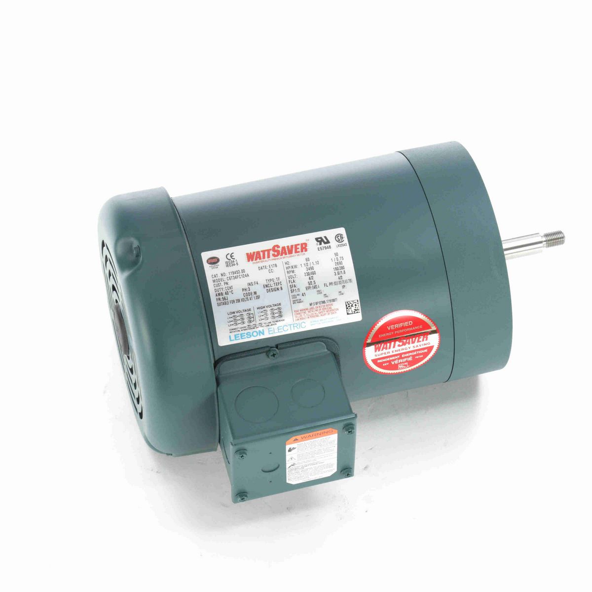 LEESON Jet Pump Motor, 1.50 & 1 HP, 3 Ph, 60 & 50 Hz, 230/460 & 190/380 V, 3600 & 3000 RPM, 56J Frame, TEFC - 119453.00