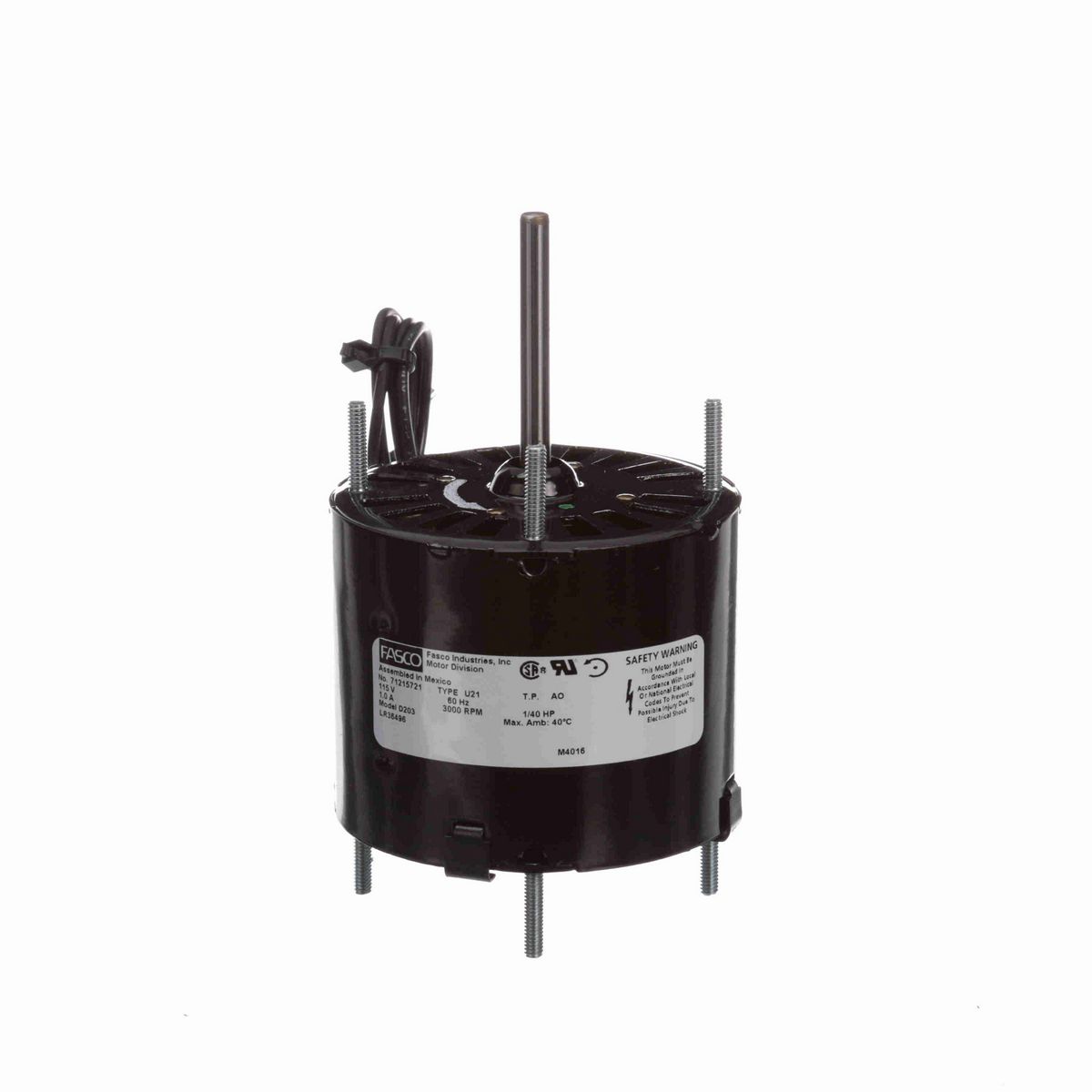 FASCO Fan and Blower Motor, 1/40 HP, 1 Ph, 60 Hz, 115 V, 3000 RPM, 1 Speed, 3.3" Diameter, OAO - D203