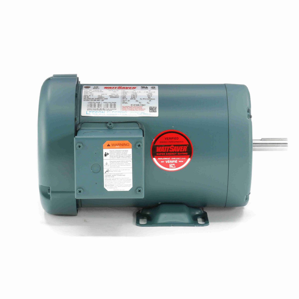 LEESON WATTSAVER® General Purpose Motor, 1.50 & 1.50 HP, 3 Ph, 60 & 50 Hz, 230/460 & 190/380 V, 1800 & 1500 RPM, 56 Frame, TEFC - 116759.00