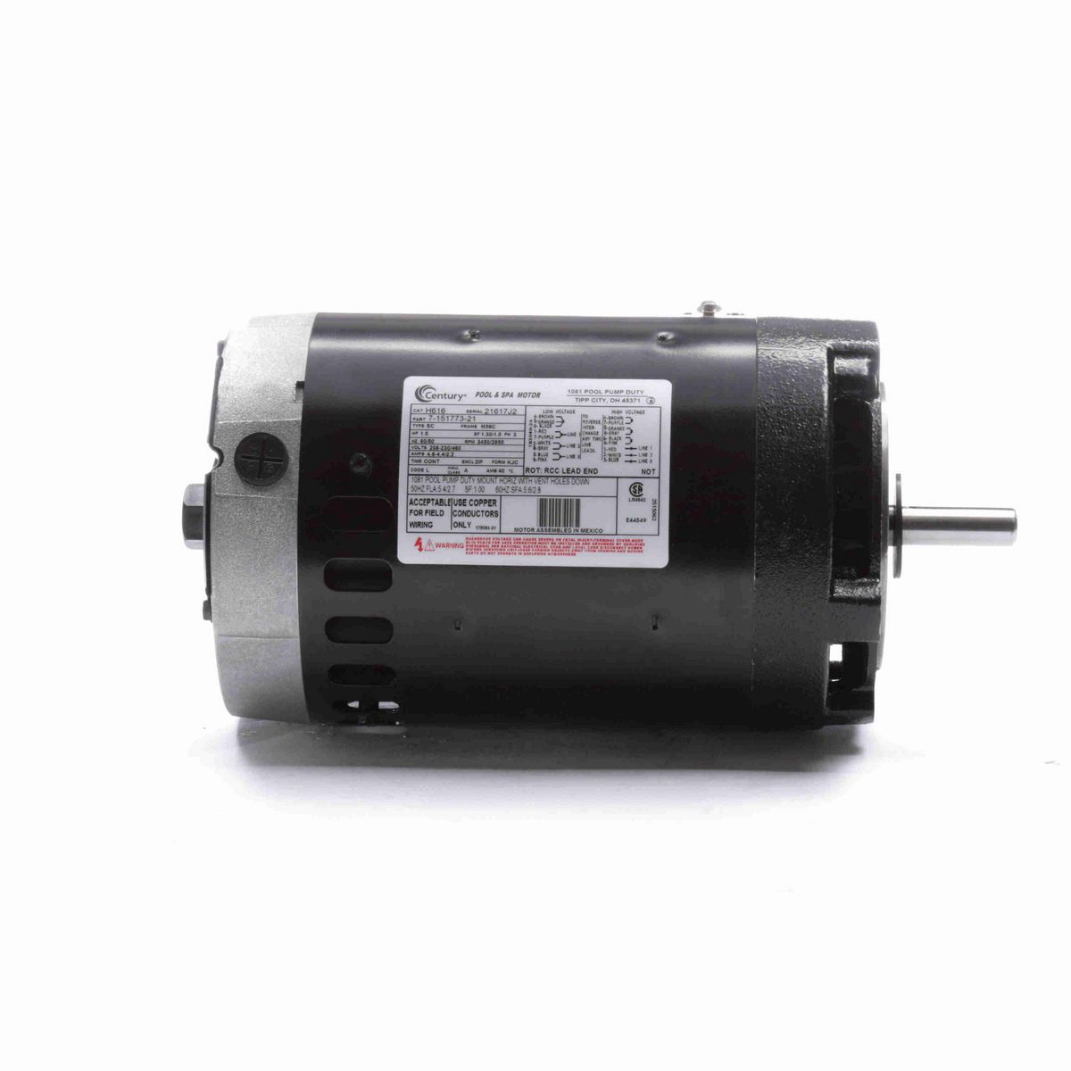 Century Pool Pump Motor, 1.5 HP, 3 Ph, 60 Hz, 208-230/460 V, 3600 RPM, M56C Frame, DP - H616