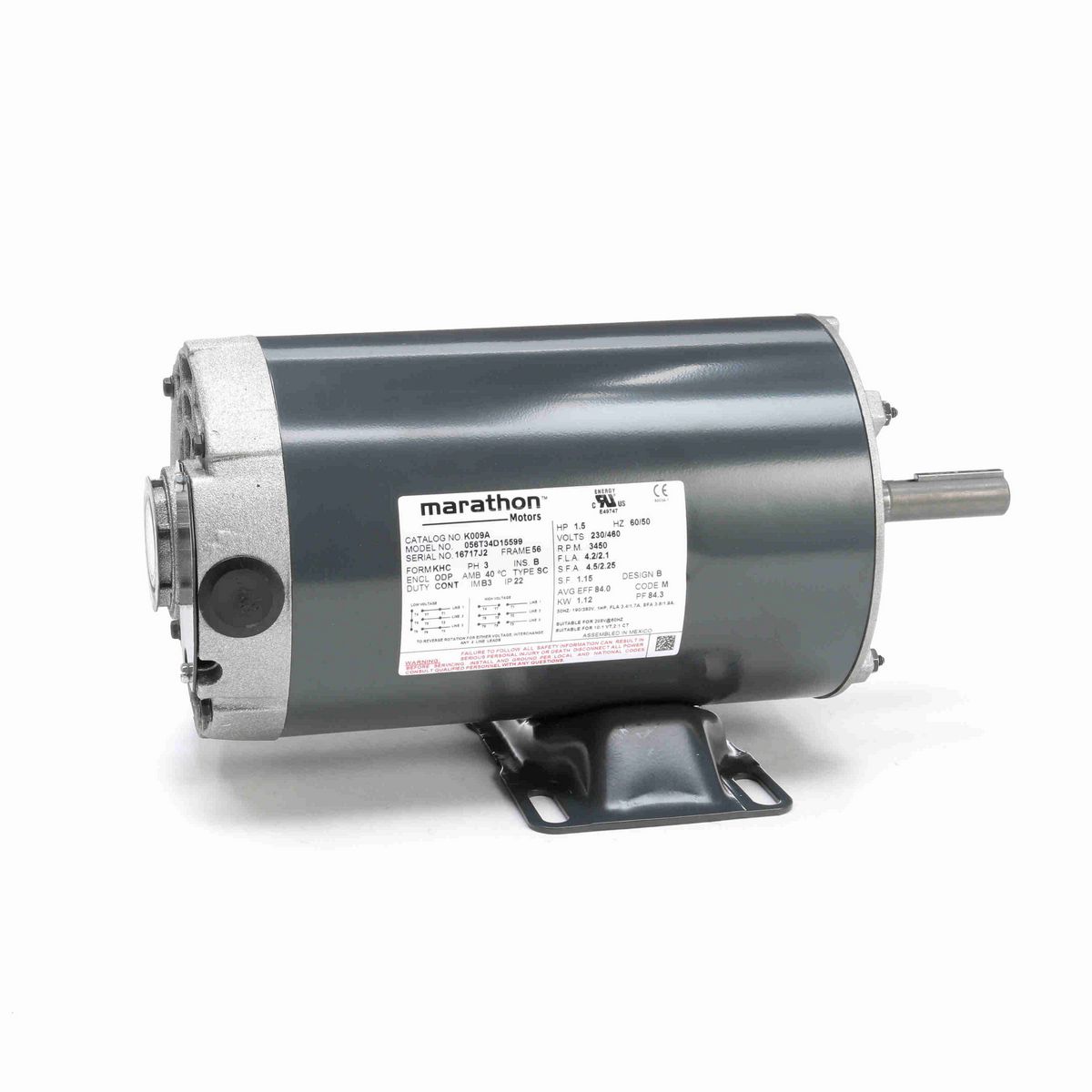 LEESON General Purpose Motor, 1.50 & 1 HP, 3 Ph, 60 & 50 Hz, 230/460 & 190/380 V, 3600 & 3000 RPM, 56 Frame, DP - K009A