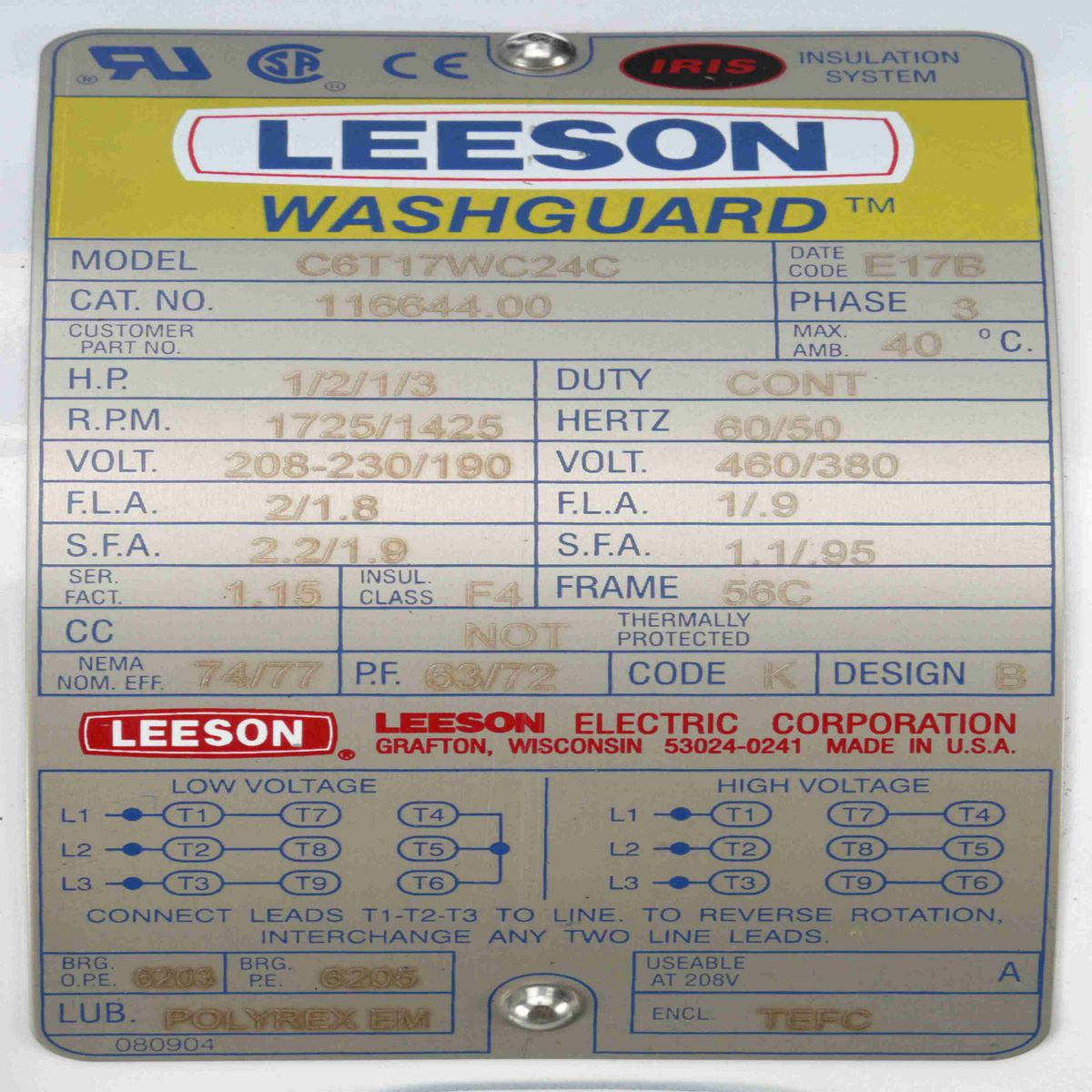 LEESON White Duck™ General Purpose Motor, 0.50 & 0.33 HP, 3 Ph, 60 & 50 Hz, 230/460 & 190/380 V, 1800 & 1500 RPM, 56C Frame, TEFC - 116644.00