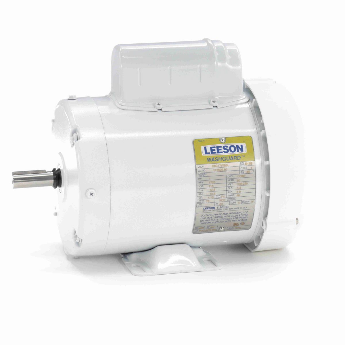 LEESON White Duck™ General Purpose Motor, 1 HP, 1 Ph, 60 Hz, 115/230 V, 1800 RPM, 56 Frame, TEFC - 112626.00