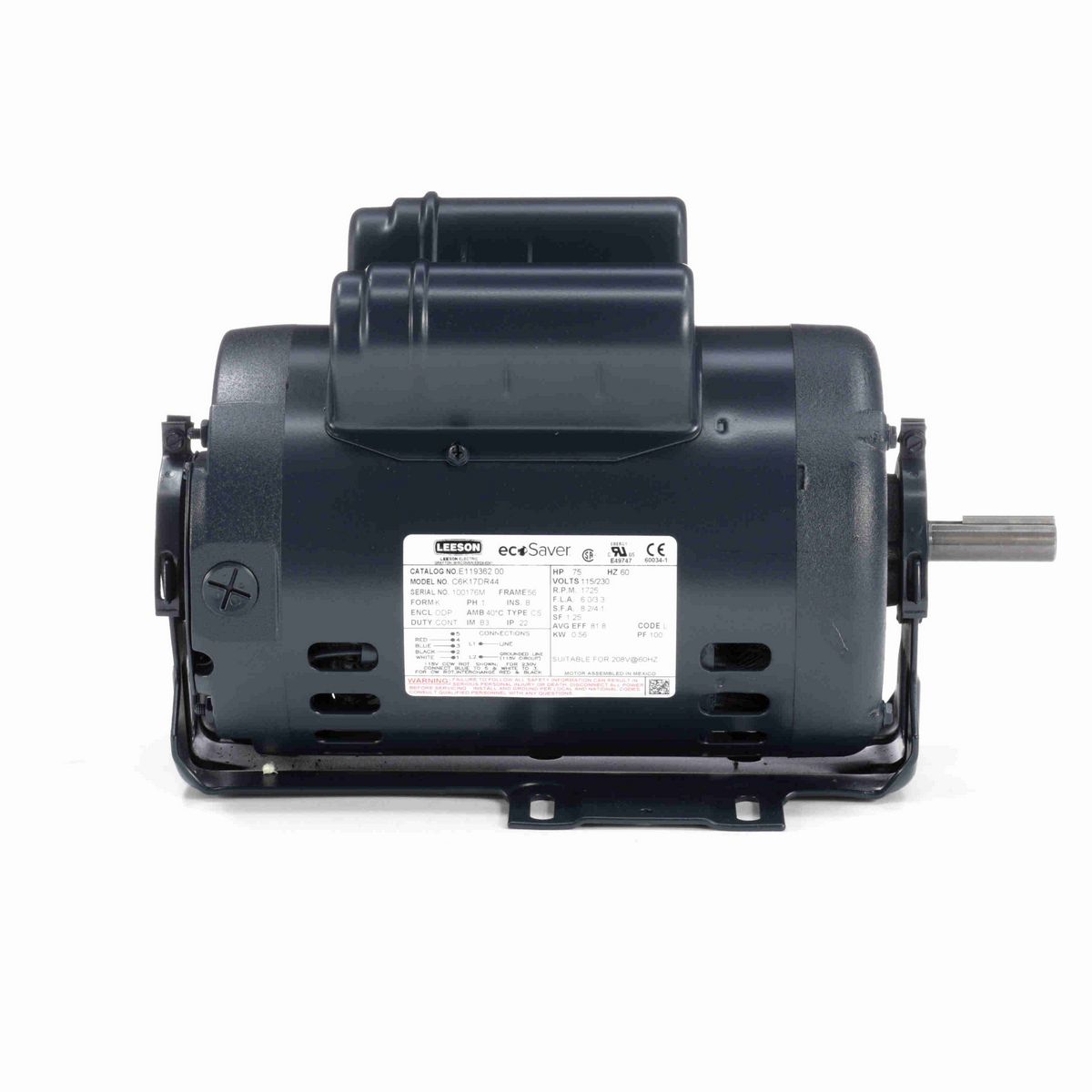 LEESON ecoSaver™ General Purpose Motor, 0.75 HP, 1 Ph, 60 Hz, 115/230 V, 1800 RPM, 56 Frame, DP - E119362.00
