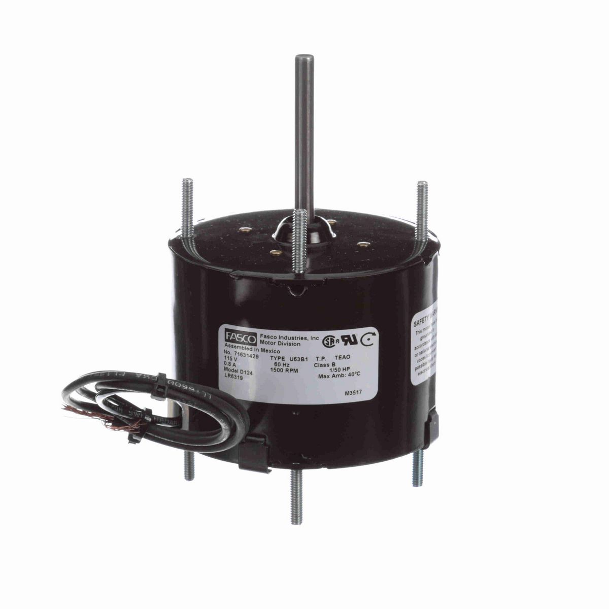 FASCO Fan and Blower Motor, 1/50 HP, 1 Ph, 60 Hz, 115 V, 1500 RPM, 1 Speed, 3.3" Diameter, TEAO - D124