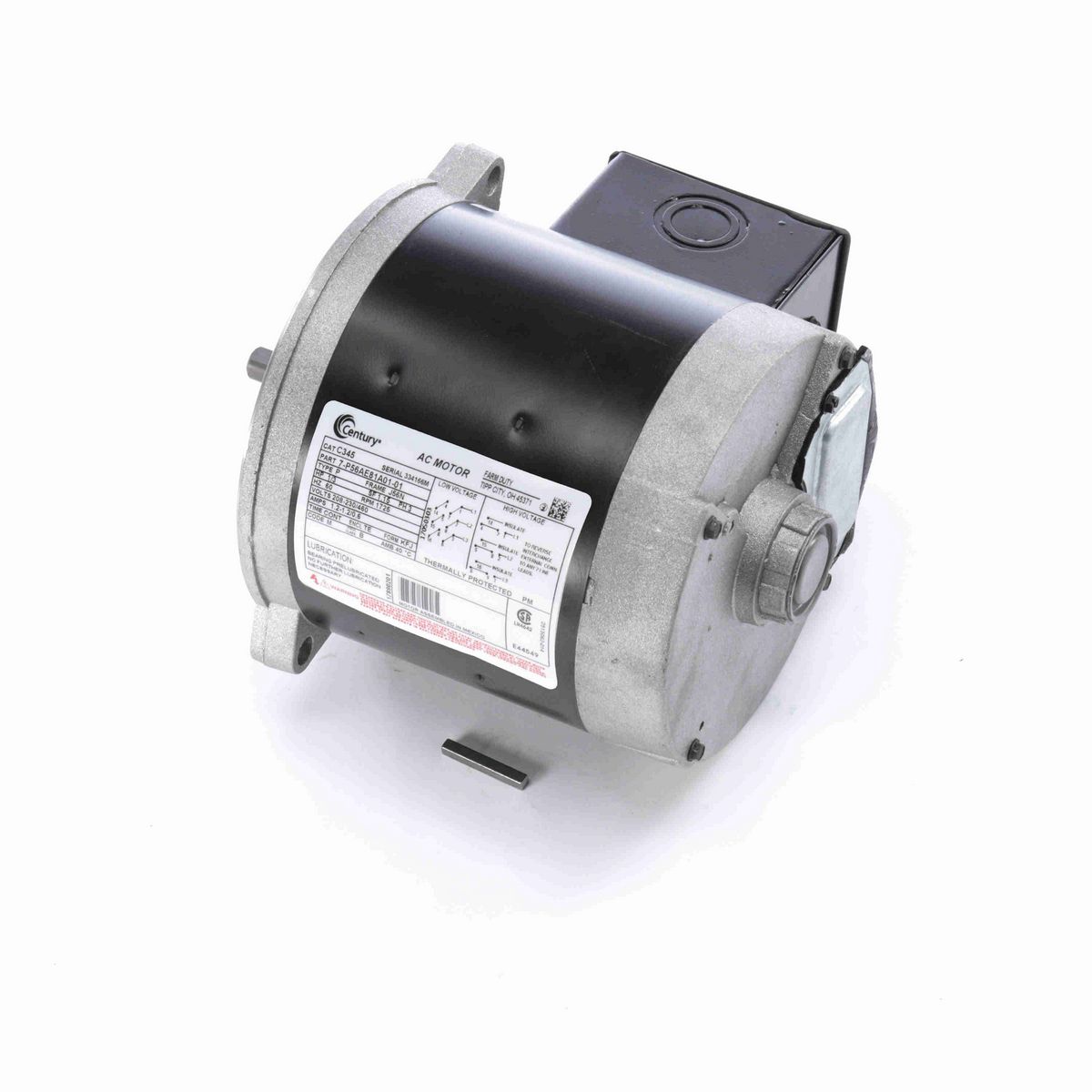 Century Auger Drive Motor, 1/3 HP, 3 Ph, 60 Hz, 208-230/460 V, 1800 RPM, J56N Frame, TENV - C345