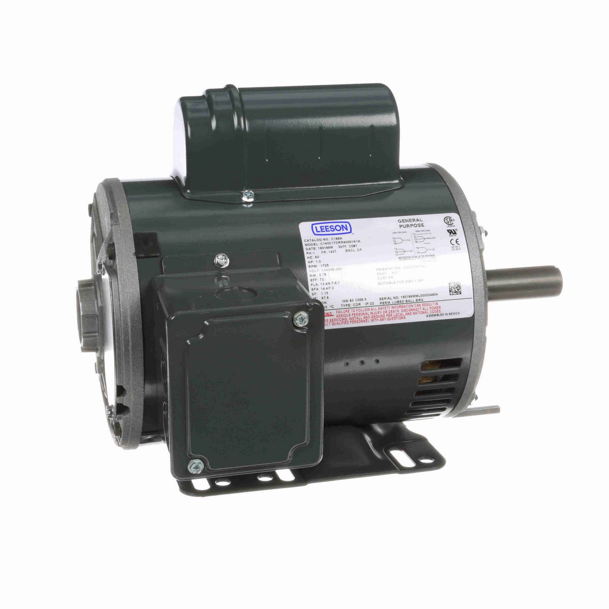 LEESON General Purpose Motor, 1 HP, 1 Ph, 60 Hz, 115/230 V, 1800 RPM, 143T Frame, DP - C188A