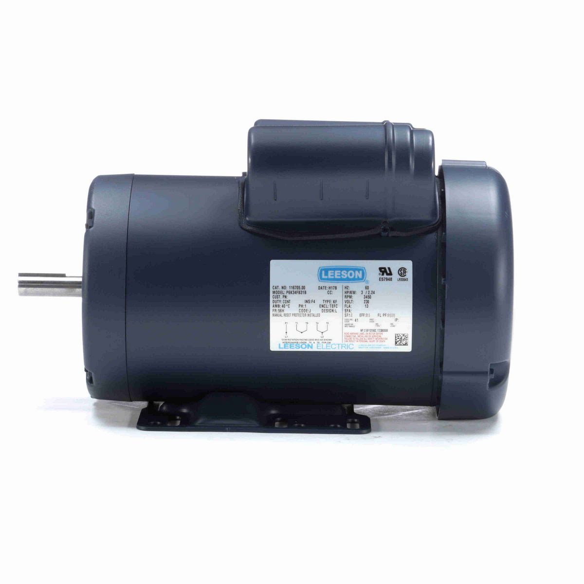 LEESON General Purpose Motor, 3 HP, 1 Ph, 60 Hz, 230 V, 3600 RPM, 56H Frame, TEFC - 116705.00