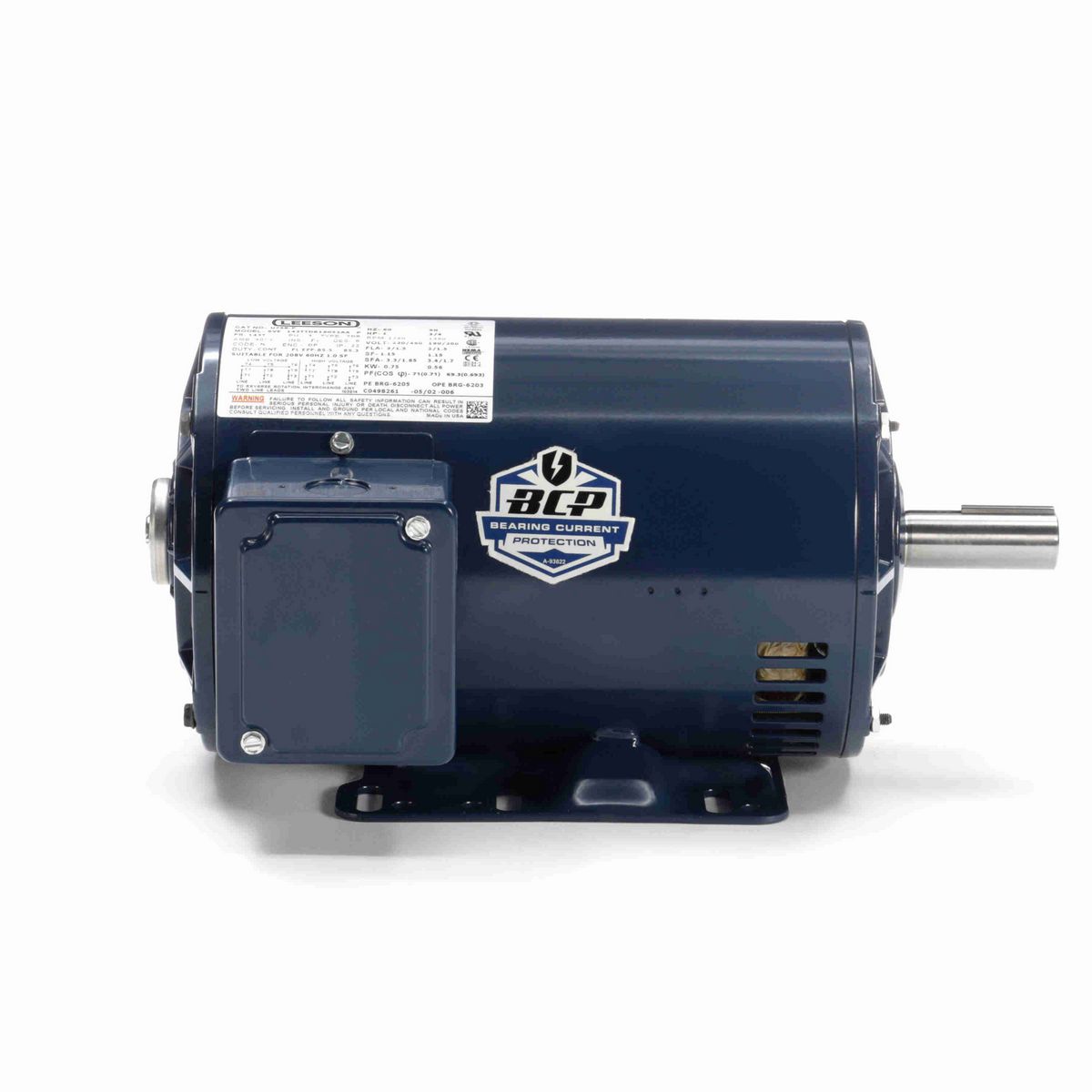 LEESON General Purpose Motor, 1 & 0.75 HP, 3 Ph, 60 & 50 Hz, 230/460 & 190/380 V, 1800 & 1500 RPM, 143T Frame, DP - U758-P