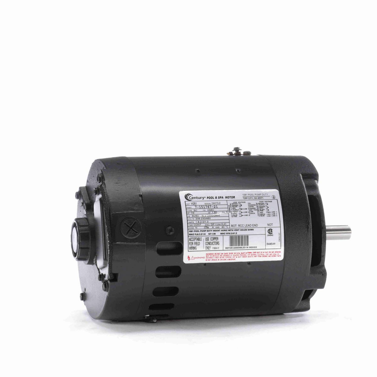 Century Pool Pump Motor, 1/2 HP, 3 Ph, 60 Hz, 208-230/460 V, 3600 RPM, K56C Frame, DP - H281