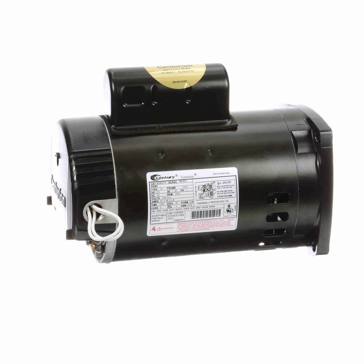 Century Pool Pump Motor, 3/4 HP, 1 Ph, 60 Hz, 230/115 V, 3600 RPM, P56Y Frame, DP - B2847V1