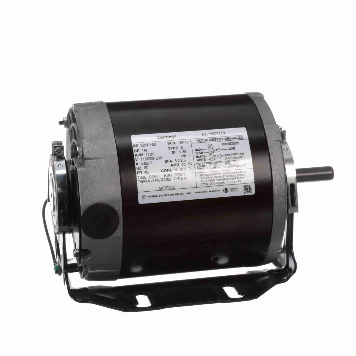 Century Fan and Blower Motor, 1/4 HP, 1 Ph, 60 Hz, 115/208-230 V, 1800 RPM, 48 Frame, OPEN - GF2024D
