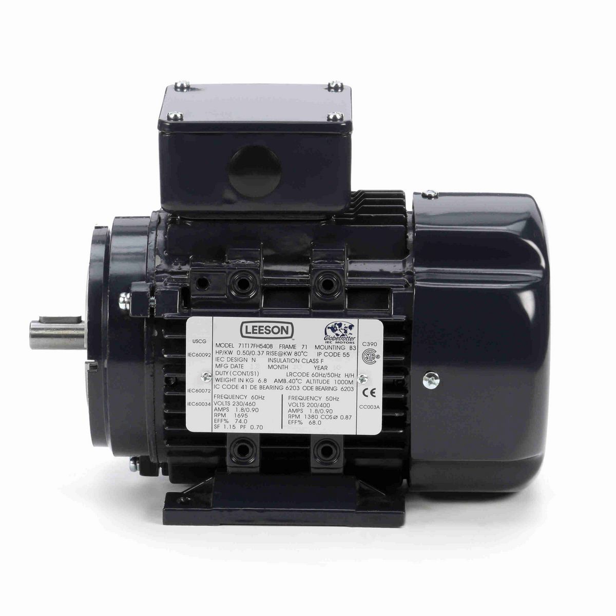 LEESON Aluminium Motor, 0.50 & 0.50 HP, 3 Ph, 60 & 50 Hz, 230/460 & 200/400 V, 1800 & 1500 RPM, 71 Frame, TEFC - R367