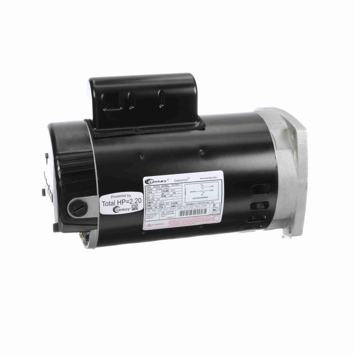 Century Pool Pump Motor, 2 HP, 1 Ph, 60 Hz, 230 V, 3600 RPM, 56Y Frame, ODP - B2855