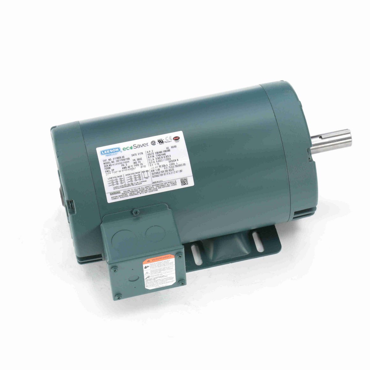 LEESON ecoSaver™ General Purpose Motor, 2 & 2 HP, 3 Ph, 60 & 50 Hz, 230/460 & 190/380 V, 1800 & 1500 RPM, 56HZ Frame, DP - E115826.00